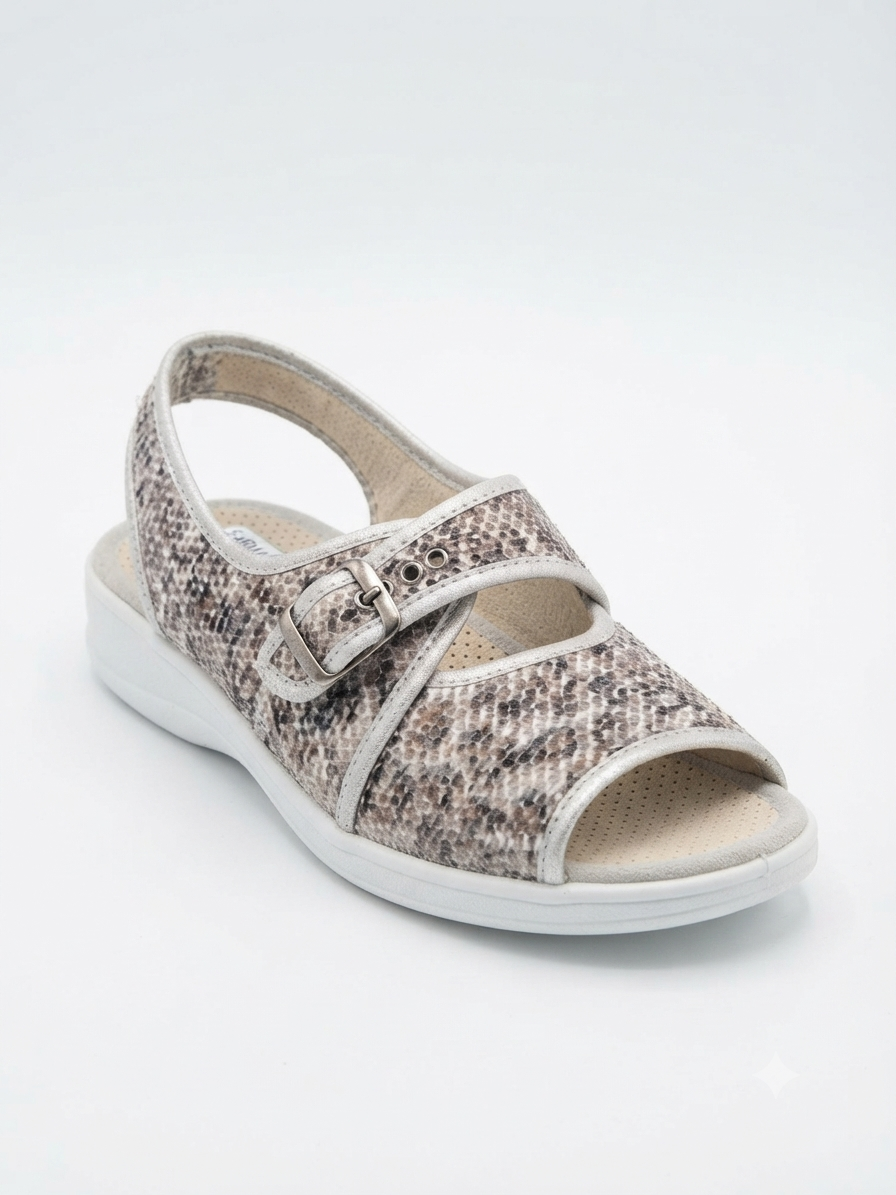 Sandalia DEVALVERDE 1599 con hebilla, Puntera Abierta, Super Cómoda, color gris serpiente